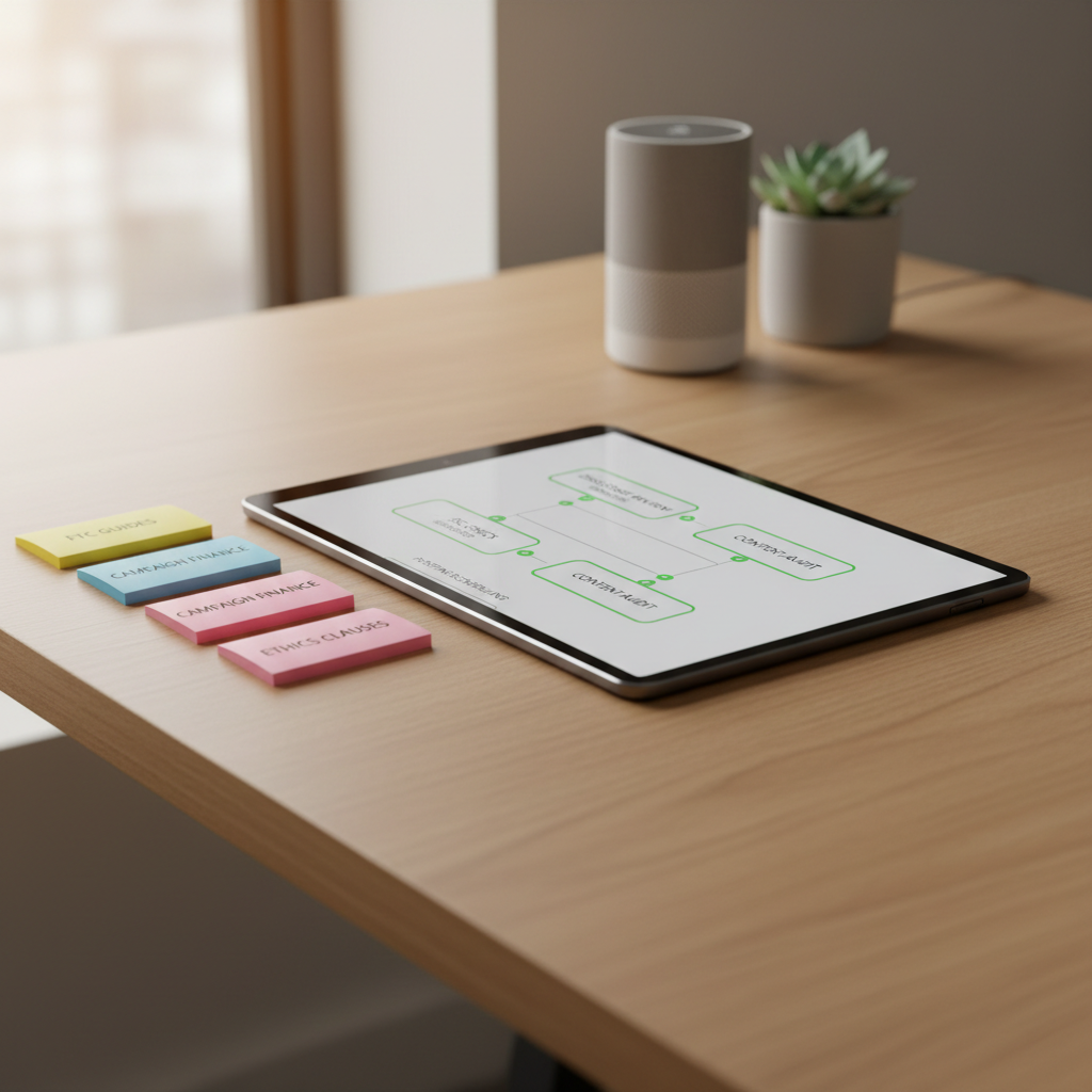 A close-up of a matte-black tablet resting on a light oak table, its screen displaying a streamlined workflow of an influencer approval pipeline: labeled stages like “Disclosure Review,” “FEC Check,” and “Content Audit” connected by crisp lines and checkmark icons. Nearby, color-coded sticky notes with typed compliance reminders are neatly aligned, and a small, unobtrusive digital voice assistant device sits in the background. Soft morning sunlight from a nearby window creates gentle highlights on the tablet’s edges and a warm, focused atmosphere. Photographic realism with a shallow depth of field keeps the interface sharp while the background softly blurs, conveying precision, order, and professional diligence in political compliance.