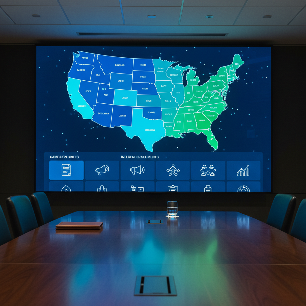 A large, wall-mounted digital display in a conference room showing an interactive political compliance map of the United States, states glowing in varying shades of blue and green to represent compliance status. Below the map, neatly arranged cards of campaign briefs and influencer segments appear as simple icons without human imagery. The room features a smooth wooden table, a closed leather portfolio, and a glass of water catching light. Cool, diffused overhead lighting creates minimal shadows and a calm, analytical mood. Captured in photographic realism from a slightly elevated angle, the composition emphasizes clarity and organization, aligning with a professional, data-driven influencer marketplace for political campaigns.