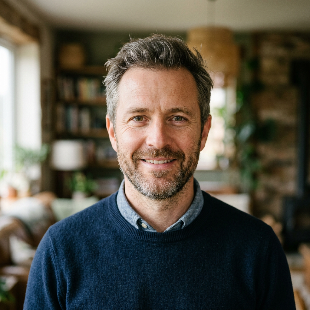 Middle-aged man with gray and brown hair wearing a navy sweater smiling indoors