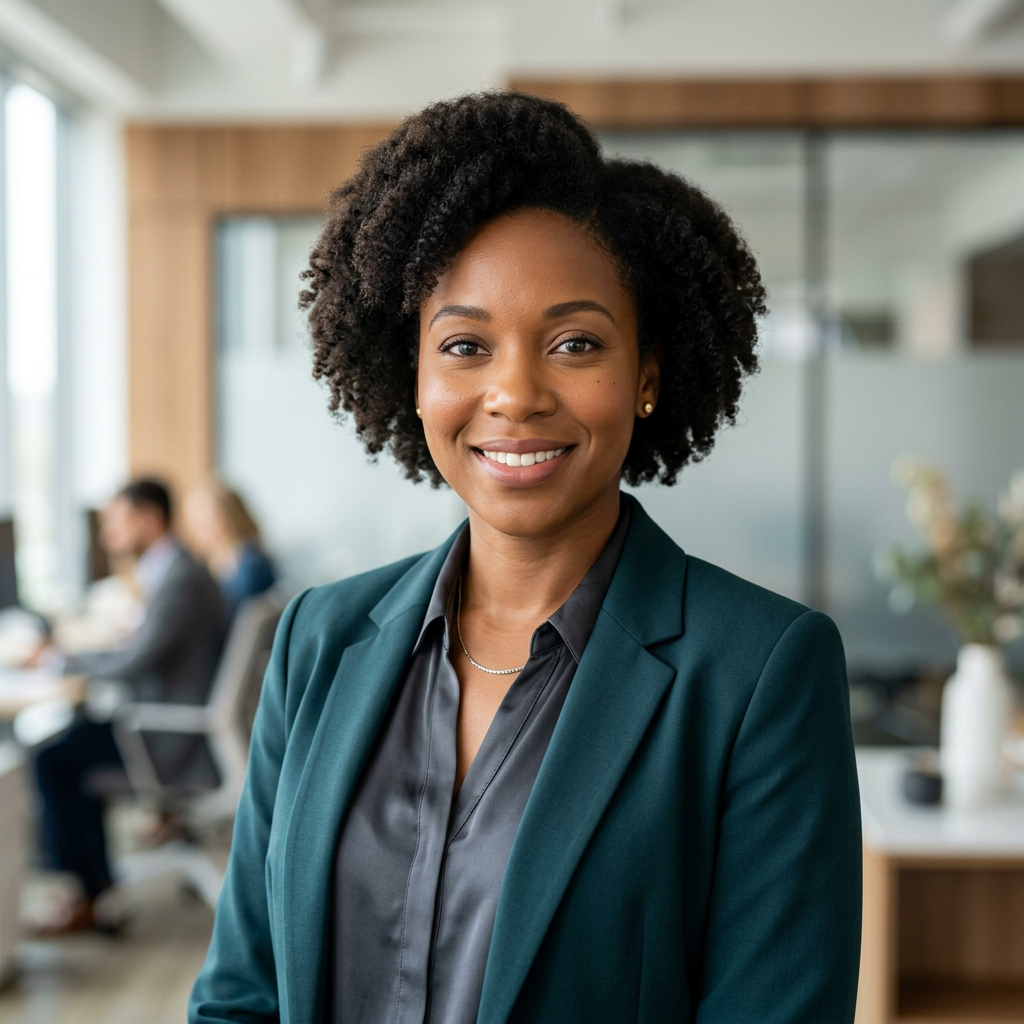 Smiling professional woman with curly hair in blazer in office